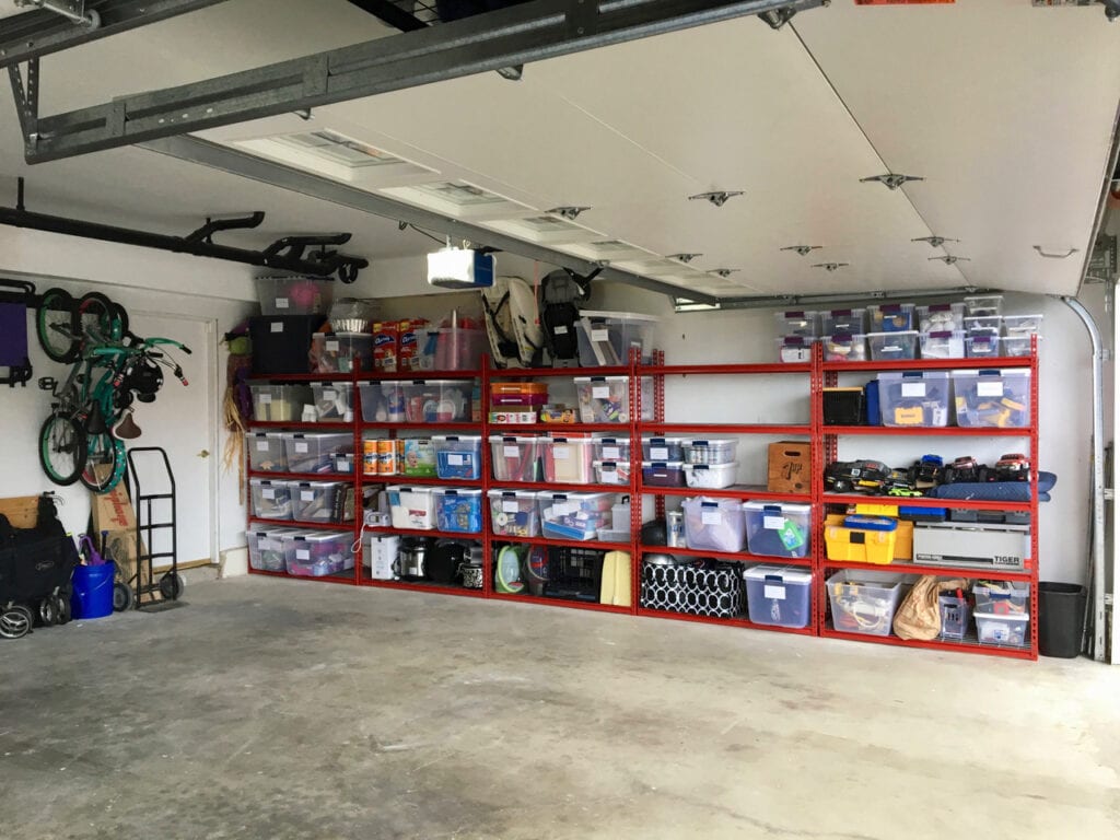 professional organizer help with garage organization using garage storage racks and labeled containers in a home in southern California